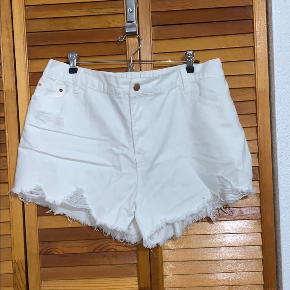 SHEIN White Distressed Denim Shorts